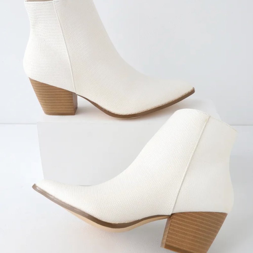 Ivory Snake Pointed Toe Ankle Boots